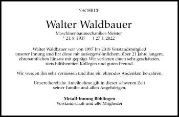 Traueranzeige von Walter Waldbauer von Leonberger Kreiszeitung / Strohgäu Extra