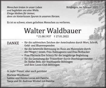 Traueranzeige von Walter Waldbauer von Leonberger Kreiszeitung / Strohgäu Extra