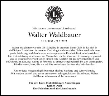 Traueranzeige von Walter Waldbauer von Leonberger Kreiszeitung / Strohgäu Extra
