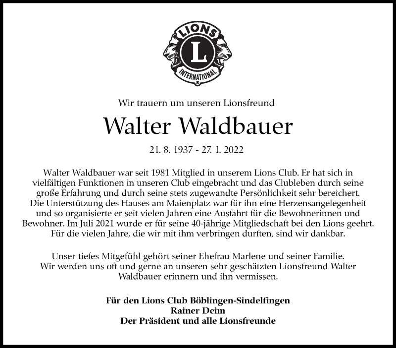  Traueranzeige für Walter Waldbauer vom 01.02.2022 aus Leonberger Kreiszeitung / Strohgäu Extra