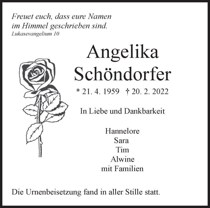  Traueranzeige für Angelika Schöndorfer vom 24.03.2022 aus Leonberger Kreiszeitung / Strohgäu Extra