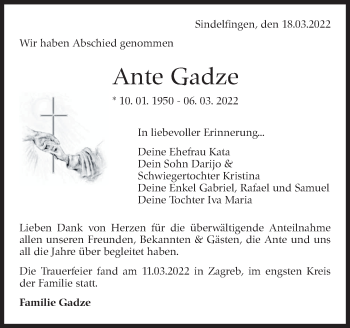 Traueranzeige von Ante Gadze von Leonberger Kreiszeitung / Strohgäu Extra