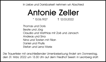 Traueranzeige von Antonie Zeller von Leonberger Kreiszeitung / Strohgäu Extra