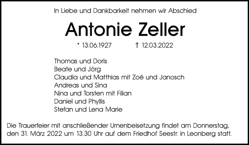 Traueranzeige für Antonie Zeller vom 26.03.2022 aus Leonberger Kreiszeitung / Strohgäu Extra