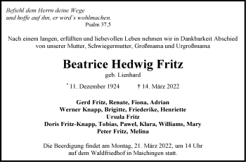 Traueranzeige von Beatrice Hedwig Fritz von Leonberger Kreiszeitung / Strohgäu Extra