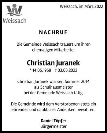 Traueranzeige von Christian Juranek von Leonberger Kreiszeitung / Strohgäu Extra