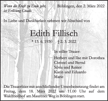 Traueranzeige von Edith Fillisch von Leonberger Kreiszeitung / Strohgäu Extra
