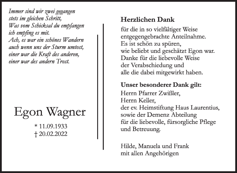  Traueranzeige für Egon Wagner vom 16.03.2022 aus Leonberger Kreiszeitung / Strohgäu Extra