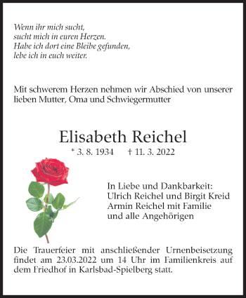 Traueranzeige von Elisabeth Reichel von Leonberger Kreiszeitung / Strohgäu Extra