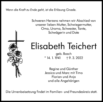 Traueranzeige von Elisabeth Teichert von Leonberger Kreiszeitung / Strohgäu Extra