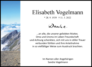 Traueranzeige von Elisabeth Vogelmann von Leonberger Kreiszeitung / Strohgäu Extra