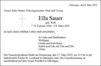 Traueranzeige von Ella Sauer von Leonberger Kreiszeitung / Strohgäu Extra