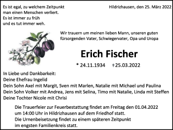 Traueranzeige von Erich Fischer von Leonberger Kreiszeitung / Strohgäu Extra