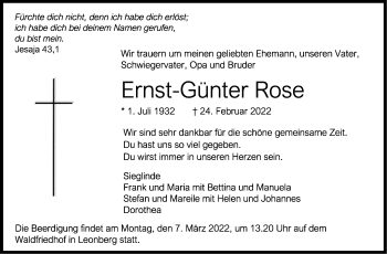 Traueranzeige von Ernst-Günter Rose von Leonberger Kreiszeitung / Strohgäu Extra