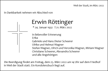 Traueranzeige von Erwin Röttinger von Leonberger Kreiszeitung / Strohgäu Extra