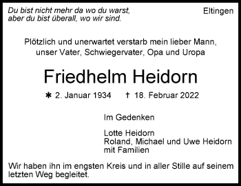 Traueranzeige von Friedhelm Heidorn von Leonberger Kreiszeitung / Strohgäu Extra