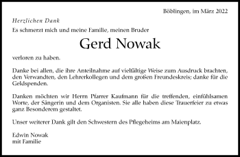 Traueranzeige von Gerd Nowak von Leonberger Kreiszeitung / Strohgäu Extra