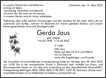 Traueranzeige von Gerda Jaus von Leonberger Kreiszeitung / Strohgäu Extra