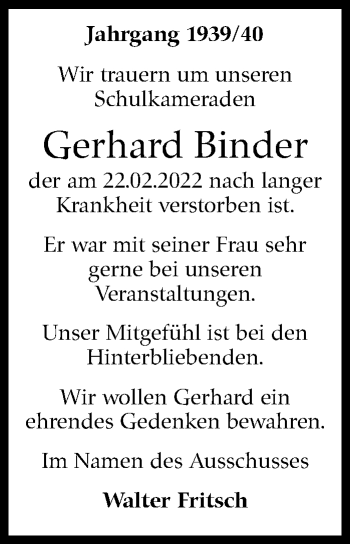 Traueranzeige von Gerhard Binder von Leonberger Kreiszeitung / Strohgäu Extra