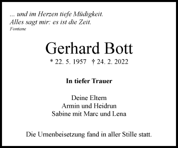 Traueranzeige von Gerhard Bott von Leonberger Kreiszeitung / Strohgäu Extra