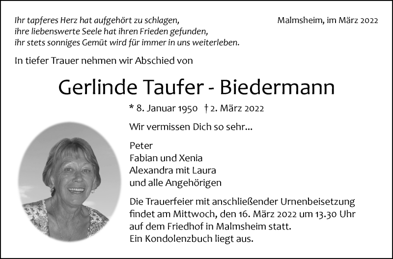  Traueranzeige für Gerlinde  Taufer-Biedermann vom 11.03.2022 aus Leonberger Kreiszeitung / Strohgäu Extra
