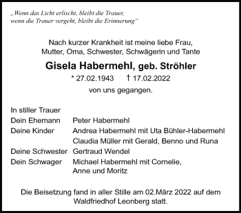 Traueranzeige von Gisela Habermehl von Leonberger Kreiszeitung / Strohgäu Extra