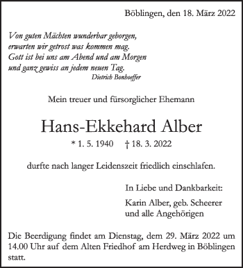 Traueranzeige von Hans-Ekkehard Alber von Leonberger Kreiszeitung / Strohgäu Extra