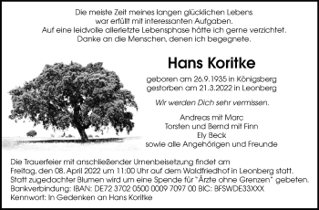 Traueranzeige von Hans Koritke von Leonberger Kreiszeitung / Strohgäu Extra