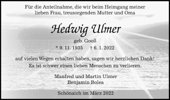 Traueranzeige von Hedwig Ulmer von Leonberger Kreiszeitung / Strohgäu Extra