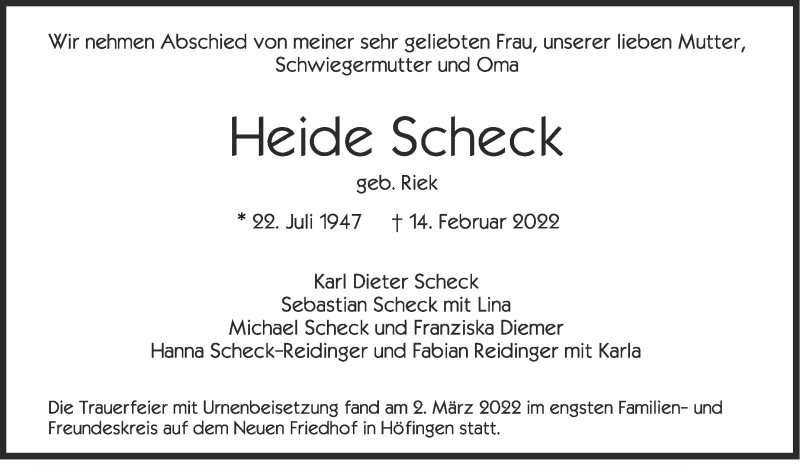  Traueranzeige für Heide Scheck vom 03.03.2022 aus Leonberger Kreiszeitung / Strohgäu Extra