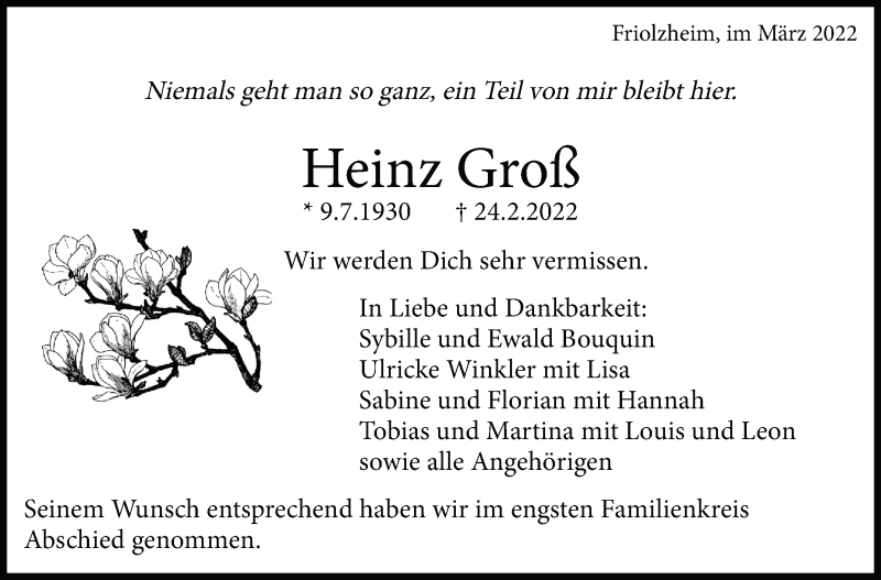  Traueranzeige für Heinz Groß vom 05.03.2022 aus Leonberger Kreiszeitung / Strohgäu Extra