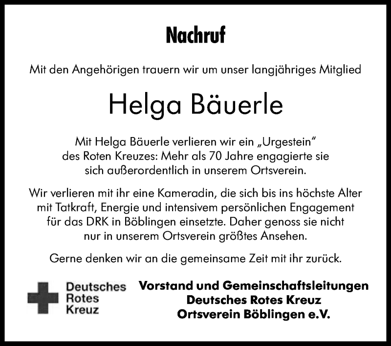  Traueranzeige für Helga Bäuerle vom 31.03.2022 aus Leonberger Kreiszeitung / Strohgäu Extra