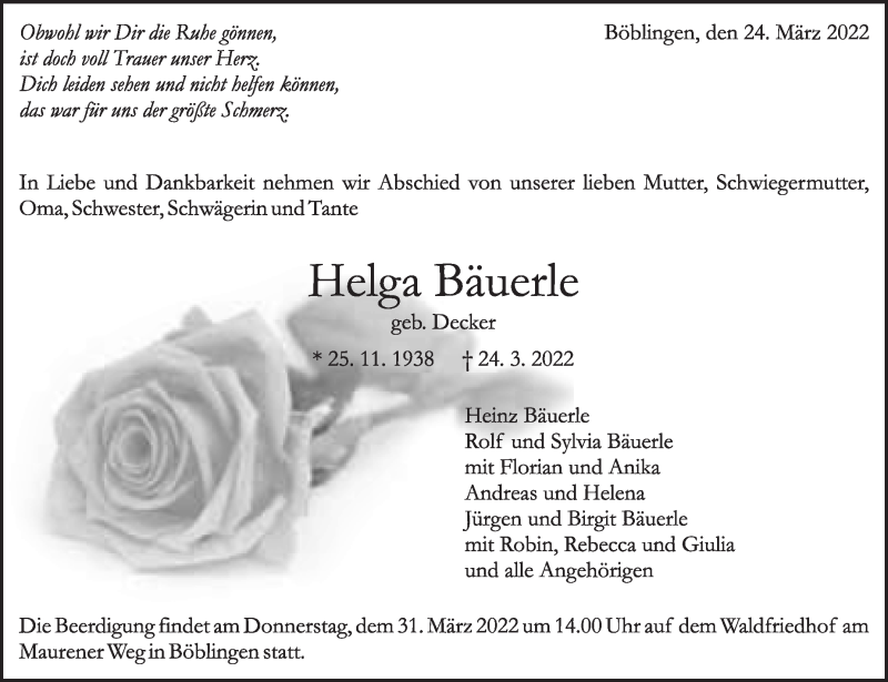  Traueranzeige für Helga Bäuerle vom 29.03.2022 aus Leonberger Kreiszeitung / Strohgäu Extra
