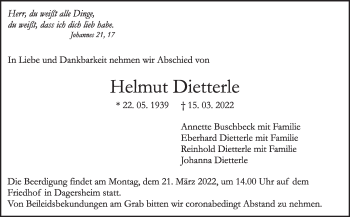 Traueranzeige von Helmut Dietterle von Leonberger Kreiszeitung / Strohgäu Extra