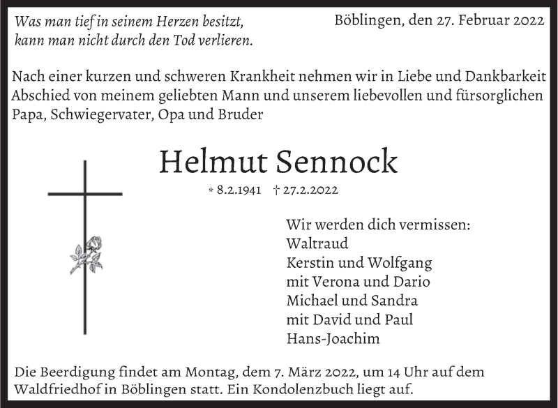  Traueranzeige für Helmut Sennock vom 03.03.2022 aus Leonberger Kreiszeitung / Strohgäu Extra