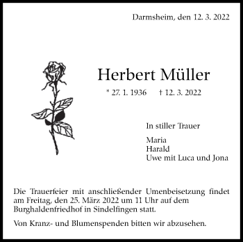 Traueranzeige von Herbert Müller von Leonberger Kreiszeitung / Strohgäu Extra