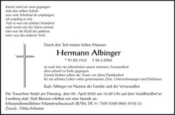 Traueranzeige von Hermann Albinger von Leonberger Kreiszeitung / Strohgäu Extra