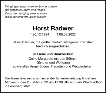 Traueranzeige von Horst Radwer von Leonberger Kreiszeitung / Strohgäu Extra