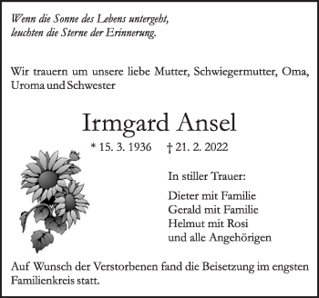 Traueranzeige von Irmgard Ansel von Leonberger Kreiszeitung / Strohgäu Extra