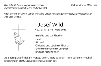 Traueranzeige von Josef Wild von Leonberger Kreiszeitung / Strohgäu Extra