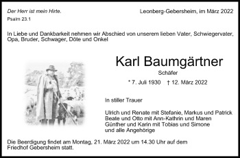 Traueranzeige von Karl Baumgärtner von Leonberger Kreiszeitung / Strohgäu Extra