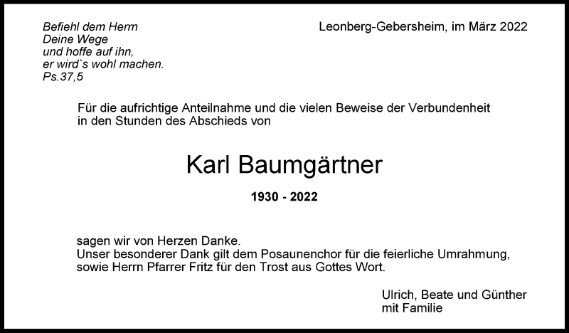  Traueranzeige für Karl Baumgärtner vom 31.03.2022 aus Leonberger Kreiszeitung / Strohgäu Extra