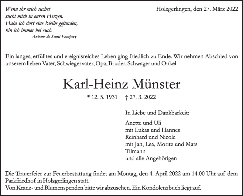  Traueranzeige für Karl-Heinz Münster vom 31.03.2022 aus Leonberger Kreiszeitung / Strohgäu Extra