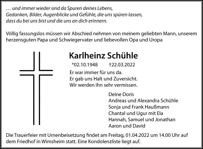  Traueranzeige für Karlheinz Schühle vom 26.03.2022 aus Leonberger Kreiszeitung / Strohgäu Extra