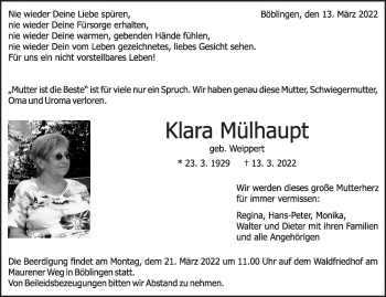 Traueranzeige von Klara Mülhaupt von Leonberger Kreiszeitung / Strohgäu Extra
