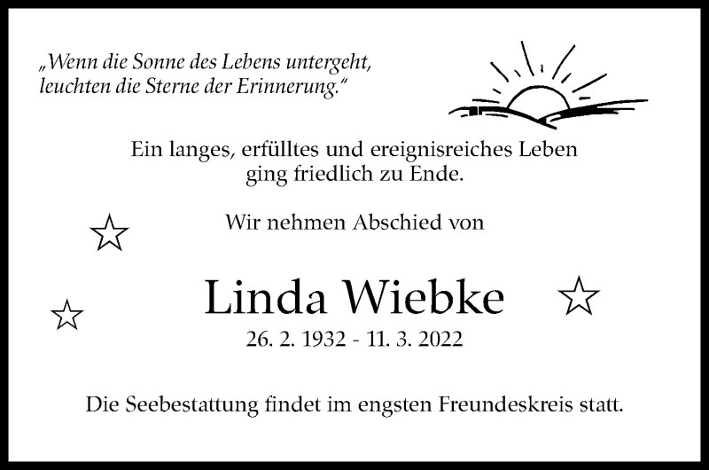  Traueranzeige für Linda Wiebke vom 19.03.2022 aus Leonberger Kreiszeitung / Strohgäu Extra