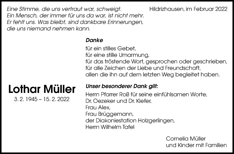  Traueranzeige für Lothar Müller vom 04.03.2022 aus Leonberger Kreiszeitung / Strohgäu Extra