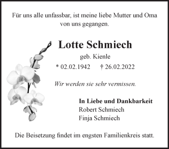 Traueranzeige von Lotte Schmiech von Leonberger Kreiszeitung / Strohgäu Extra