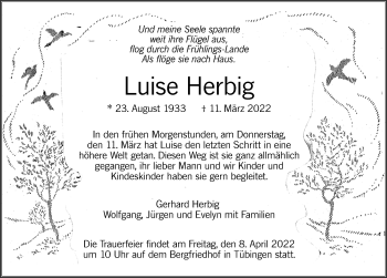 Traueranzeige von Luise Herbig von Leonberger Kreiszeitung / Strohgäu Extra
