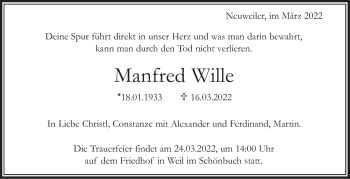 Traueranzeige von Manfred Wille von Leonberger Kreiszeitung / Strohgäu Extra